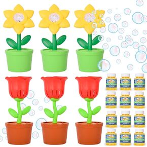 Bubble Blossoms – 6 Flower Bubble Machines with 12 Bottles Refill Solution, Bubble Maker Party Pack, Flower Bubble Blowers with Music for Kids, Summer Outdoor Garden Bubble Toy