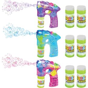ArtCreativity 3 LED Light Up Bubble Guns, with Sound, Includes 6 Bottles of Bubble Solution Refill, Bubble Blower for Bubble Blaster Party Favors, Summer Toy, Outdoors Activity, Birthday Gift