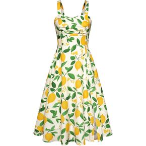 Belle Poque Women's Vintage 1950s Cocktail Dress Sleeveless Spaghetti Strap Ruched Slit A Line Swing Dress with Pockets