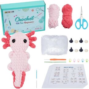 FreeBloss 2 مجموعة الكروشيه Kit Crochet Oxolotl خيوط الكروشيه وخطاف مجموعة كروشيه Starter Kit مع فيديو تعليمي الكروشيه سلاماندر كيت الكروشيه الحرف الكروشيه للبالغين المبتدئين المتحمسين