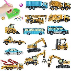 MEGZIHXN 5D DIY Diamond Art Stickers Paint by Numbers Art Handmade Craft,Cranes Bulldozers Trains Harvesters Roadside Vehicles Cranes Dump Trucks Forklifts Mosaic Stickers Gift for Children