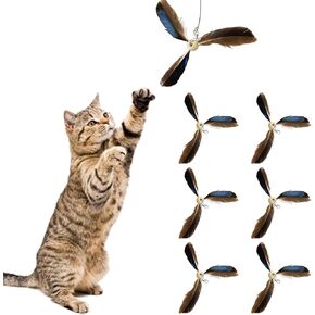 JIANWEI 6PCS Cat Feather Propeller Refills, Cat Fetch Toy Cat Wand Attachment Home Replacement Artificial Feather Cat Playing Tracking Interactive Toys for Kitten Chasing Training(Brown)