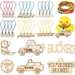 Hungdao 30 Pcs You've Been Bucked Bronco Tags Buck Buck Bronco Gifts Wooden Horse Shape Tag and Rubber Bands for Hiding Game, 1.57 x 2.36 Inches