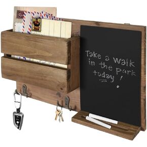 Flexzion Rustic Wood Entryway Mail Sorter Holder, Wall Mount Mudroom Storage Organizer with Blackboard Chalkboard Memo Board Message Sign & Key Hook Rack/f Front Door Furniture Accessory Home Office