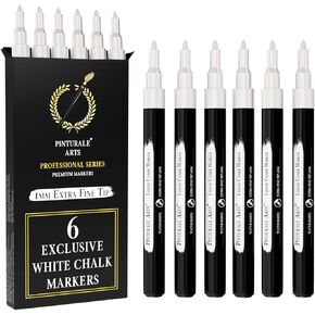 6 Extra Fine Tip White Chalk Markers | 1mm Tip | For Windows, Blackboard, Dry Erase Board, Chalkboards, Glass, Easy Erase | White Chalk Pens Fine Tip
