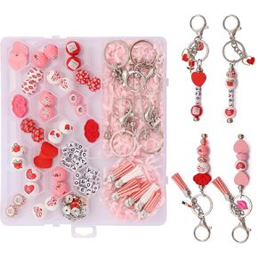 SeanLov Pink Beadable Keychains, Heart Shaped Beaded Valentines Birthday Gift for Lover, DIY Making Kit with Plastic Beads Letter Beads Keychain, Gifts for classmates and Friends