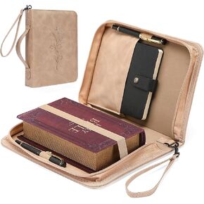 Bible cover case for women，PU Leather bible cover，Bible case with zipper and hidden handle，Bible covers for girls，Bible carrying case for women，Bible cover case (Beige, Large)