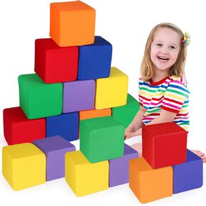 Foam Blocks for Toddlers, 18 PCS 5.5 inch Foam Soft Cubes for Kids, Colourful Building Blocks, Stacking Block Sets, Throwing Toys