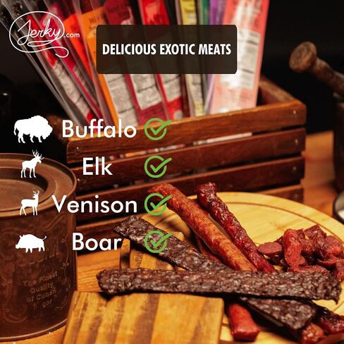 Jerky.com Exotic Jerky Gift Basket - Wild Game Snack Sticks Gift Bag - Venison, Elk, Bison, Wild Boar - Exotic Meat is the Main Ingredient - High Protein Jerky Gifts for Men (12 Piece Gift Bag) in Saudi Arabia