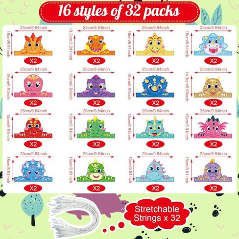 Leinuosen 32 Packs Dinosaur Party Hats for Kids Dinosaur Birthday Party Decorations Dino Hats, 16 Styles in Kuwait