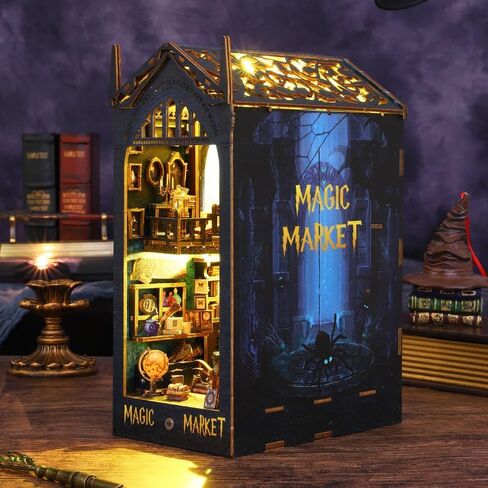 Book Nook Kit with LED Light, 3D DIY Miniature Dollhouse Kit, Book Shelf Decor, Creative Gift for Teens Adult (Magic Market) in Saudi Arabia