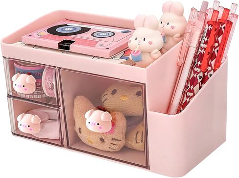 Marte Vanci Desk Organizer with 3 Drawers, Cute Desktop Stationery Organizer, Plastic Makeup Storage Box, Multifunctional Desk Accessories Tidy Caddy for Art Supplies Crafts Pink in Saudi Arabia
