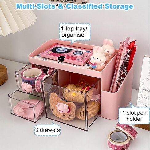 Marte Vanci Desk Organizer with 3 Drawers, Cute Desktop Stationery Organizer, Plastic Makeup Storage Box, Multifunctional Desk Accessories Tidy Caddy for Art Supplies Crafts Pink in Saudi Arabia