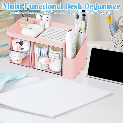 Marte Vanci Desk Organizer with 3 Drawers, Cute Desktop Stationery Organizer, Plastic Makeup Storage Box, Multifunctional Desk Accessories Tidy Caddy for Art Supplies Crafts Pink in Saudi Arabia