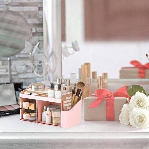 Marte Vanci Desk Organizer with 3 Drawers, Cute Desktop Stationery Organizer, Plastic Makeup Storage Box, Multifunctional Desk Accessories Tidy Caddy for Art Supplies Crafts Pink in Saudi Arabia