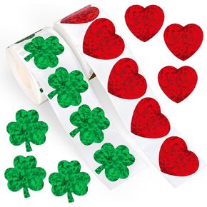 1000Pcs St. Patrick's Day Valentine Stickers Roll Laser Red Heart Green Shamrock Seal Stickers Waterproof Self-Adhesive Decals for Envelope Journal Decor Holiday Party Supplies