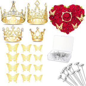 Gold Crowns for Flower Bouquets and Flower Bouquet Accessories, Including 4 Pieces Gold Crowns for Flower Bouquets, 12 Pieces Butterfly Decorations and 50 Pieces Diamond Pins for Bouquets