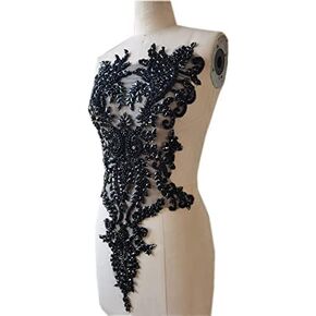 Handmade Rhinestones lace Appliques sew on Beads Trim Patches for Dress Clothing Accessories (Black)