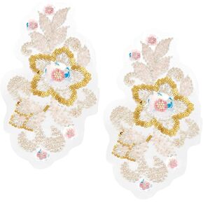 2Pcs 3D Floral Sequin Applique Pearl Embroidery Lace Flower Patches Colorful Polyester Beaded Lace Sew on Tulle Appliques for Sewing Making Clothes Wedding Gown Costume Embellishments Supply