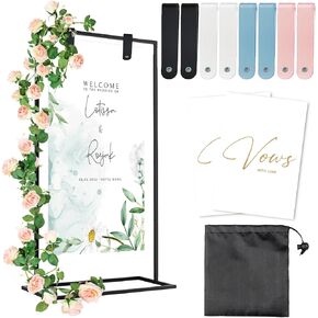 Wedding Welcome Sign Stand, 57x31x15 Easel Stand for Sign with Leather Straps, Flower Vine, Vow Card, Welcome to Our Wedding Sign Stand Holder, Heavy Duty Floor Stand Easel for Wedding Birthday Party