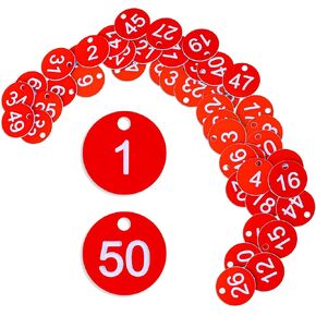 Plastic ID Number Tags, 1-50 Number Colorful Marking Identification Tag, Numbered Tags Round Hole Hang Tags, Number Tags Keychain Number Label Round Number Key Ring(Red)