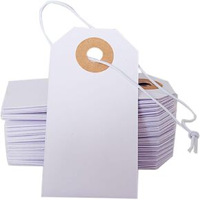 100 Pack Small Marking Tags Price Tags, Attached Reinforced Hole Writable Tags, Blank Shipping Tags, Attached Reinforced Hole Tags, White Hang Paper Tags with Elastic String 2.75'' x1.37''