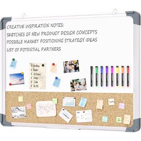 White Board Cork Board Combo,Magnetic Dry Erase Board 24×18 inch, Vision Board, Pin Bulletin Whiteboard Cork Board for Wall, for Office, Home, School, Markers, Eraser, Magnets, Pins