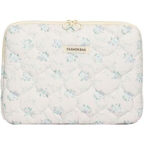 Fairycore Laptop Case for Women Floral Carrying Tablet Bag Cover Puffy Quilted Computer Liner Bag 11-15.6 Inch (13-14 Inch,White)