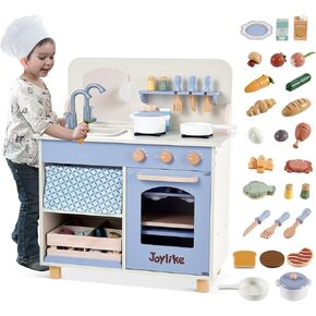 Wooden Kitchen Playset for Kids, Toddler Play Kitchen with 32Pcs Accessories Cutting Food Set, Stove & Water Sink, Pretend Play Toy for Kids Ages 3+
