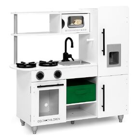 Delta Children Deluxe Modern Kitchen - لعبة المطبخ لعبة مع مقابض واقعية تدور/نقرة ، فرن ، بالوعة والثلاجة/الصانع الجليدي ، الأبيض