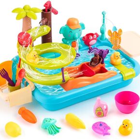 Juboury Play Sink with Running Water, Kitchen Sink Toys with Manual Faucet, Unique Water Slide Track, Pool Floating Magnetic Fishing Toys, Pretend Play Kitchen Accessories for Kids Girls Boys Toddlers