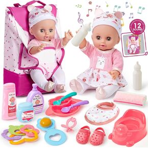 دمية طفل تفاعلية مع شركة النقل على ظهر الظهر ، لعبة 12 بوصة مع الصوت ، و 18pcs إكسسوارات دمية الطفل مدفوعة حفاضات بيب ، فتيات يتظاهر ألعاب اللعب للأطفال الصغار 3 4 5 6 سنوات هدية عمرها