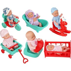 fash n kolor, 6 Mini Doll Set - 5" Inch Baby Girl Toy - Princess Toys Dolls - Baby Doll Crib, High Chair, Bathtub, Horse See Saw, Wagon and Bike Accessories - Dolls for 3+ Year Old Girls