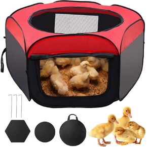 Foldable Brooder Box for Chick,Chick Fence Portable Dog Playpen Cage with Floor Mat, Large Dog Tent Oxford Fabric Cage Indoor/Outdoor, Red and Black