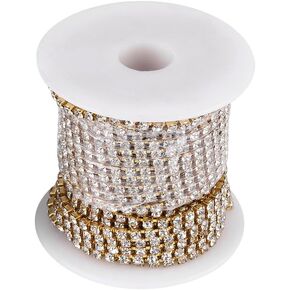 3mm Rhinestone Cup Chain 10M Crystal Rhinestone Close Chain, Crystal Clear Glass Trimming Claw Chain Jewelry Crafts DIY Sewing Accessory Decoration (Gold)