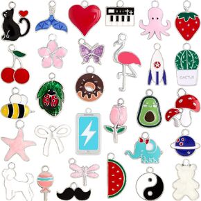 Anjulery 30Pcs Charms for Jewelry Making and Crafting - Assorted Enamel Charms for Bracelets Necklaces Earrings Keychains Pendants (Silver Assorted)