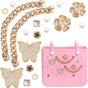 Charms for Bogg Bag, Flower Pearls & Butterfly Charms for Bogg Bag Accessories Charms Compatible with Simply Southern Rubber Beach Bag Tote, Lovely Gold Charms Bag Insert for Beach Tote Bag(18 Pcs)