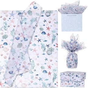 100 Sheets Ocean Tissue Paper for Gift Bags Under the Sea Coastal Ocean Wrapping Paper Starfish Shell Fish Seaweed Print for Birthday,Wedding - 20"×14"