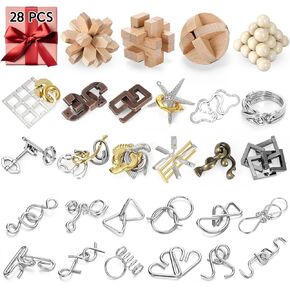 28 Pcs Brain Teaser Puzzles Wooden and Metal Cast 3D Unlock Interlocking Puzzles Gift IQ Educational Smart Puzzle Toys for Adult Puzzles