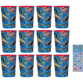 Hot Wheels Birthday Party Supplies Bundle includes 12 Reusable Plastic Cups and 1 Dinosaur Sticker Sheet