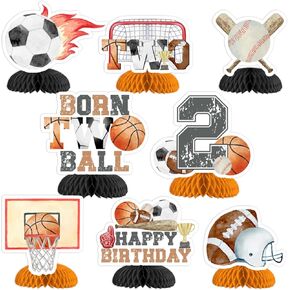Sport 2nd Birthday Decorations - 8PCS Born Two Ball Honeycomb Centerpieces, Born 2 Ball Birthday Party Decorations for Boy, Basketball Baseball Soccer Rugby Football Birthday Party Supplies