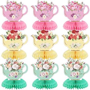 Jexine 9 Pcs Tea Party Centerpieces for Tables Princess Floral Teapot Honeycomb Decorations Tea Party Table Decor Teapot Decors for Summer Birthday Baby Shower Wedding Supplies (Classic Style)