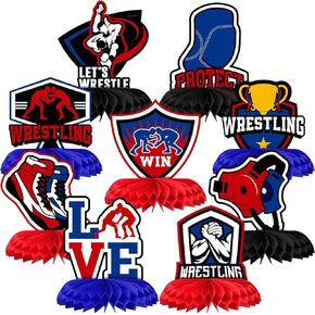 9 Pcs Wrestling Birthday Decorations Wrestling Honeycomb Centerpieces Double Sided Table Topper for Wrestler Match Party Supplies Favors Birthday Decorations Photo Booth Props