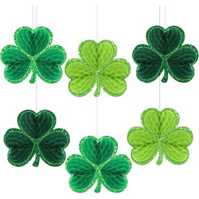 6Pcs St. Patrick's Day Honeycomb Hanging Decoration Green Shamrock 3D Paper Honeycomb Ball Centerpiece Lucky Clover Hanging Ornament for Irish Party Indoor Outdoor Decor