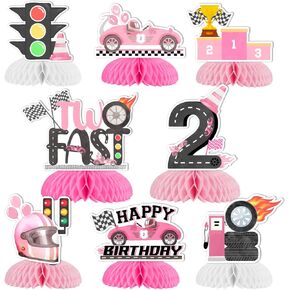 Two Fast Birthday Table Decorations Girls 8pcs Race Car Honeycomb Centerpieces Vintage Pink Race Car Honeycomb for Racing Car Party Table Decor Happy Birthday Supplies