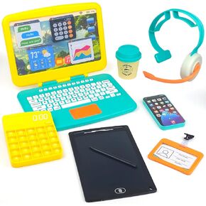 Pretend Play Home Office Set for Kids Ages 3-5-7 | Features Toy Laptop Computer, LCD Writing Tablet, Pop Fidget Calculator, Cell Phone, Headset & Toddlers Beverage Cup