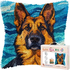 DIY Latch Hook Pillow Kits for Adults German Shepherd Dog Printed Pillowcase Crochet Yarns Hooking Handmade Pillow Cover Cushion for Home Sofa Decoration 17x17inch-1