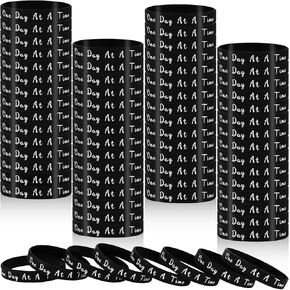 60 Pcs One Day at a Time Silicone Motivational Wristbands Black Inspirational Rubber Bracelets Sobriety Gifts for Addiction Recovery Sober Anniversary Alcoholics Anonymous Men and Women