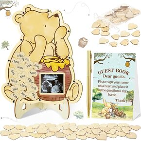65pcs Baby Shower Guest Book for Boys Girls, Bear Baby Shower Decorations Include 1 Cute Bear Guest Book with Photo Frame 60 Heart Wood Slices Baby Sonogram Frame Keepsake for Baby Shower