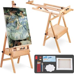 Large Painting Easel with Storage Drawer, Foldable & Adjustable H-Frame Studio Easel for Kids, Adults, Beech Wood Table Art Painting Holder & Floor Artist Stand, Natural